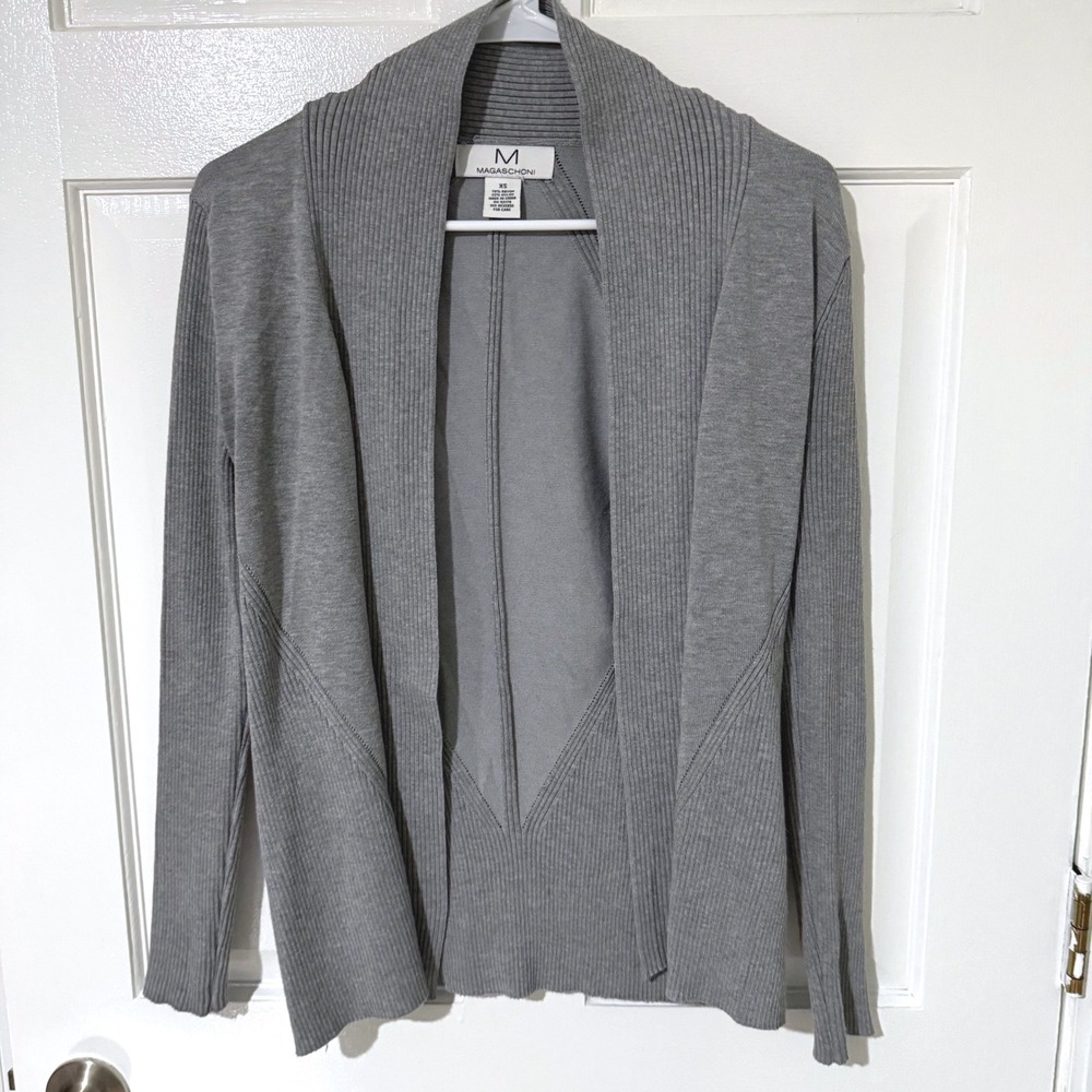 Magaschoni Gray Open Front Ribbed Shawl Collar Cardigan Sweater XS